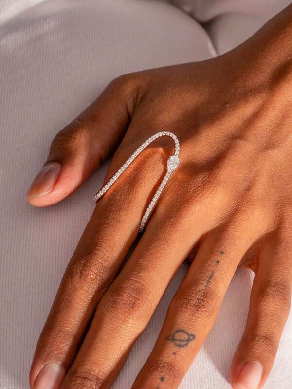 1枚银色水钻装饰闪亮U形戒指，奢华优雅闪亮水晶时尚简约百搭指环配饰