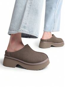 Women Platform Mules Wedge Closed Toe Clogs Faux Suede Slip On Memory Foam Non-Slip Lightweight Casual Slippers Shoes Autumn Winter - màu nâu - Xem 6