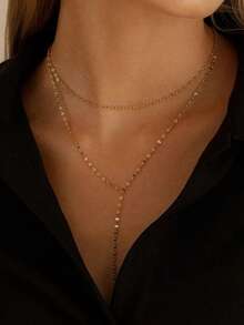 1 件不锈钢 18k 镀金双层项链长款多层项链优雅闪光链长吊坠锁骨项链女士日常佩戴珠宝 - Y Necklac - 查看 2
