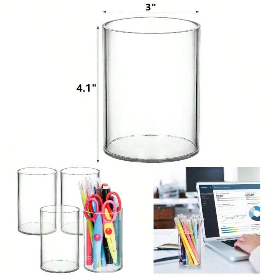 4 Pack Thick Acrylic Pen Holders Round Makeup Brush Holder Desktop Stationery Organizer Office School Home Supplies