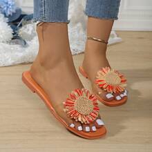 女士凉鞋，夏季鞋履，饰有花卉贴花设计，纯色优雅女士时尚休闲风格，法式浪漫风情，适合宽脚，百搭，适合派对、海滩、约会、正式场合、日常穿着，露趾设计，防滑，轻便，室内外皆宜的多功能平底拖鞋，饰有花卉图案 - 橘色 - 查看 12
