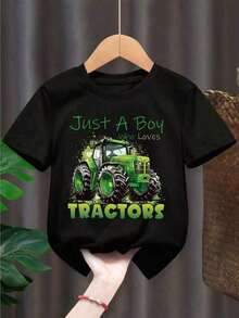 JUST A BOY WHO LOVES TRACTORS Green Tractor Graphic Print, Boy's Casual Comfy Crew Neck Short Sleeve Vintage Shirts Graphic Tees Men Camisas Para Hombre Funny Shirts Printed & Shipped In USA - 黑色 - 查看 1