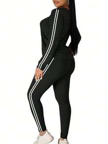 Plus Size Women's Casual Black & White Striped 2 Pieces Set, Autumn - Black and White - View 4