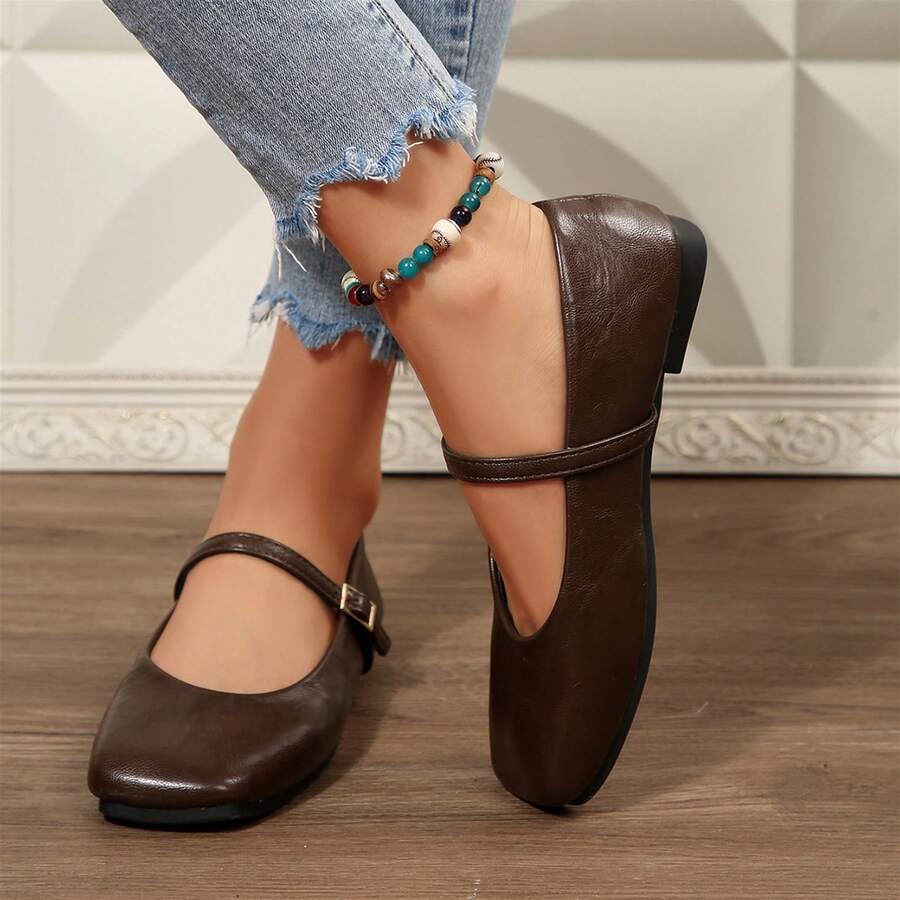 Zapatos para mujer con punta cuadrada, sin cordones, planos y cómodos para caminar - Marrón - Ver 1