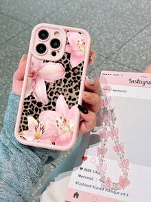 1 pieza Funda de teléfono con estampado de leopardo sexy, lirio y hibisco rosa, con cadena de mariposa con cuentas, compatible con iPhone 16 11 15 14 13 12 Pro Max XR Plus, regalo de Navidad, regalo de moda para mujeres, regalo con estilo