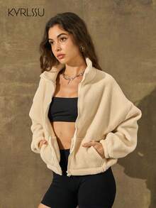KyrLssu Women's New Autumn/Winter Fleece-Look Cropped Stand-Collar Coat: Stylish, Loose-Fit, Warm Zip-Up Cardigan With A Designed Feel,British Style,Commute Wear,Office Attire,Urban Trendsetter,Casual Top