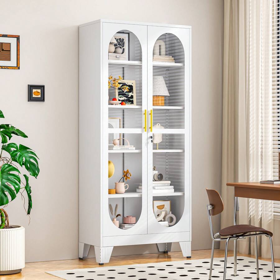 70.9" Glass Door Display Cabinet, Heavy Duty Metal Storage Shelves With Lock, 4-Tier Bookcase With Adjustable Shelves, Tall Curio Cabinet For Living Room, Home Office, Clinic, Exhibition - White - View 1