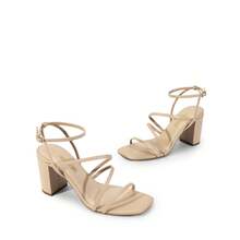 Women's Heels Chunky Block Strappy Square Open Toe Ankle Buckle Heeled Sandals Wedding Party Dress Shoes - Màu be - Xem 4