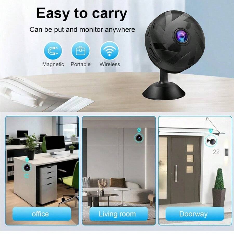 OURLIFE 1080P高清WiFi迷你监控摄像头，W15，智能家居安全无线安防摄像头，300mAh电池，适用于宠物，支持移动侦测、夜视、手机APP控制、手机远程操控、拍照、循环录像、高清夜视、360度旋转支架、TYPE-C接口，黑色摄像头