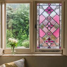 1 件全新彩色玻璃窗膜，波西米亚复古花卉和格子图案，静电玻璃贴纸保护隐私，可移除，适用于窗户、卧室、客厅、厨房墙壁装饰、房间装饰墙贴墙贴 - 粉色 - 查看 6