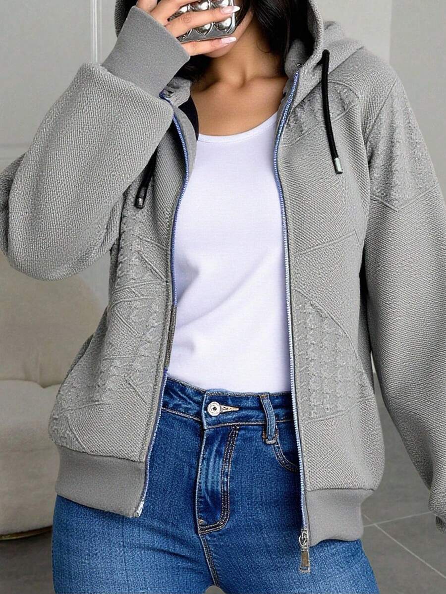 "Sudadera con Capucha y Cremallera - Textura Estructurada, Bolsillos Segurizados y Detalles Refinados, Cómoda para Diversos Looks Cotidianos" - Gris - Ver 1