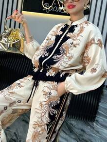 1 套波西米亚风格优雅十字交叉印花两件套服装，适合办公室、街头穿着、春夏季 - 黑色 - 查看 3