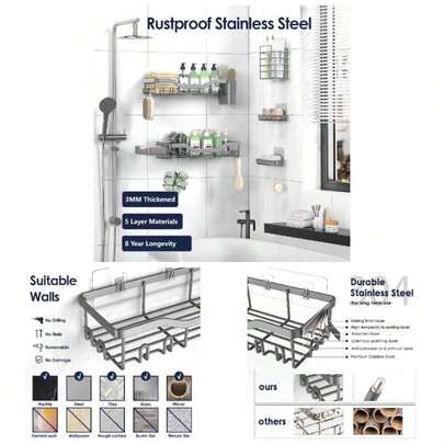 Shower Caddy Adhesive Shower Organizer - Pack, Rustproof Stainless Steel Bathroom Shelves, Large Capacity No - Drill Rack Storage Accessories With Soap Dish Toothbrush Holder 24 Hooks Home Decor