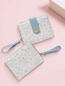 New Korean Style Folding Buckle Short Women's Wallet, Japanese Cute Cat Cartoon Integrated Card Holder, Student Bag, Zipper Coin Purse Wallet - màu xanh bột - Xem 4