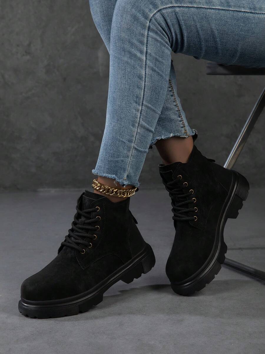 Fall/Winter 2025 New Women Minimalist Lace-Up Front Combat Boots, Outdoor Ankle Boots,Couple Style,Women Boots,Platform Boots - Black - View 1