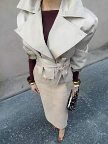 Chaqueta de mujer de primavera y otoño con cuello de solapa, manga larga, un solo botón y cinturón, estilo de calle - Caqui - Ver 7