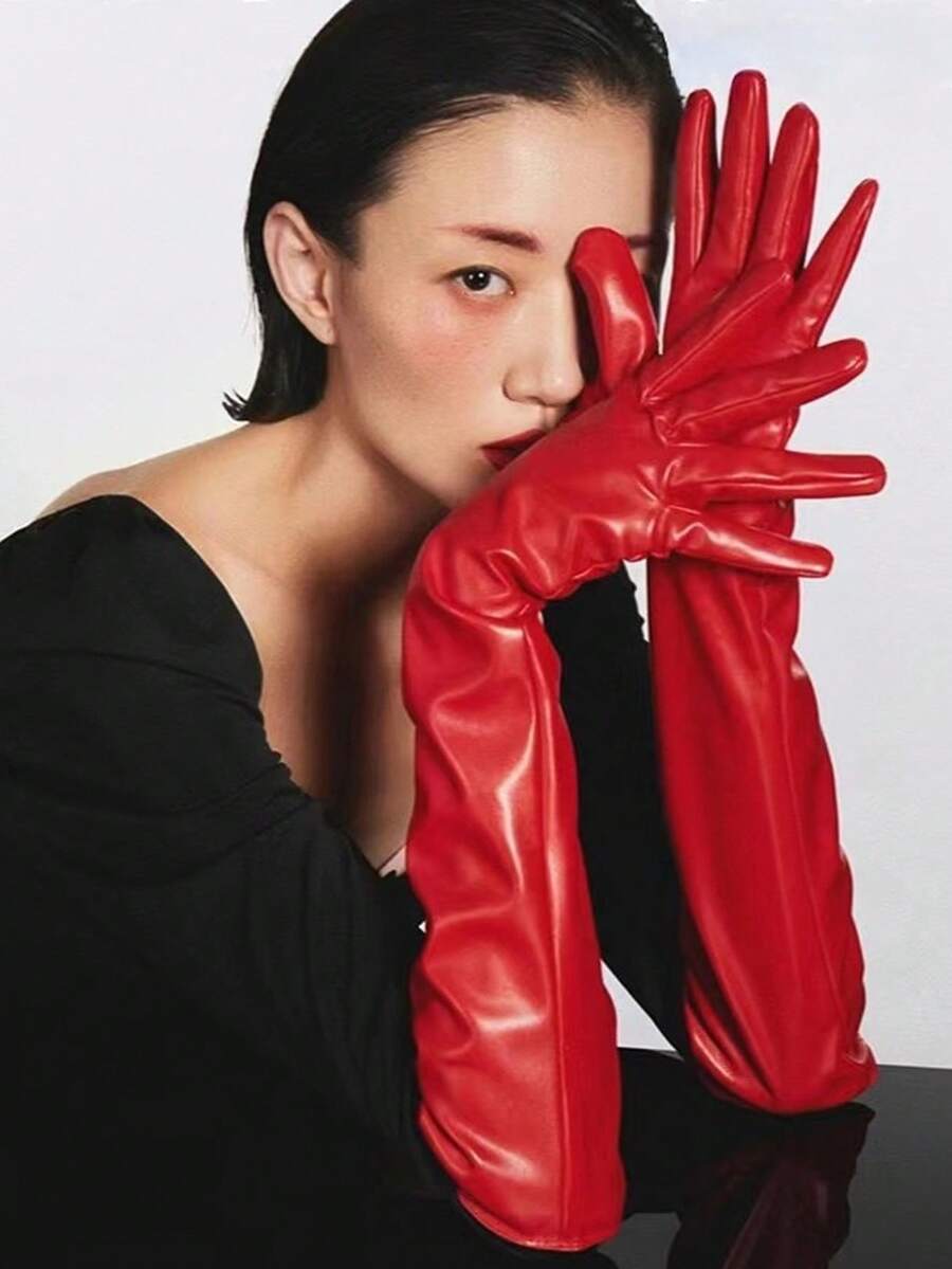1 Pair Sexy Patent Leather Long Gloves, Cosplay Tight Fit Gloves, Suitable For Pole Dancing, European And American Style - Red - View 1