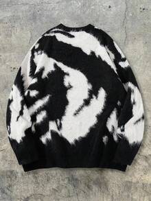 男士休闲宽松复古条纹套头毛衣，简约黑白配色，街头风，秋冬款，长袖上衣 - 黑色 - 查看 3