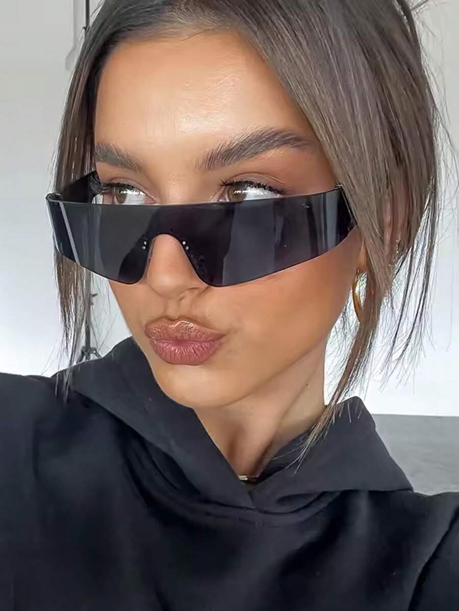 feye 1pc Women's Frameless Punk Hip Hop Cool Y2K Fashion Fashion Glasses, Suitable For Daily Use, Summer Vacation, Street Party, Festival Essential Accessory - 黑色 - 查看 1