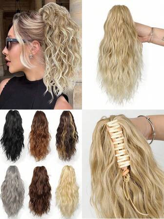 Synthetic Claw Clip Ponytail, 14 Inch Ponytail Extension For Women Multi Layered Fluffy Thick Wavy Jaw Clip In Fake Pony Tails Fake Hair Soft Synthetic Hairpiece Light Blonde Mixed White