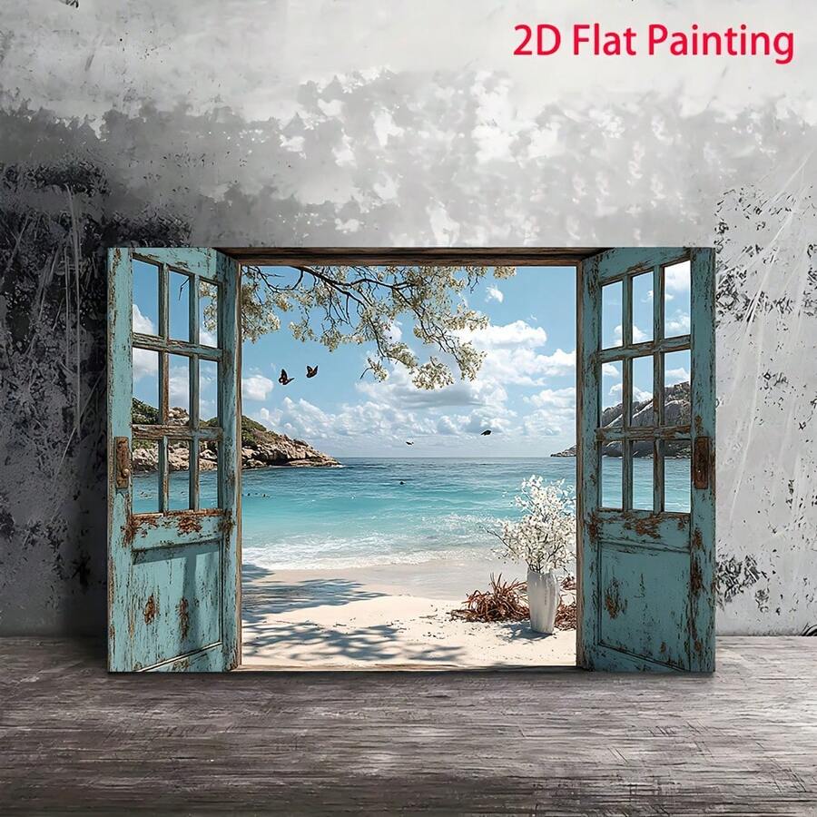 1 Pc Canvas Painting, Outside The Window Is The Ocean. , Wooden Framed Art,High Quality ,Thickness 2.25cm/1inch Wall Art Prints Poster Direct Hanging Decor For Home Gifts,Living Room, Bathroom, Bedroom, Kitchen,Bar,Office - Màu xanh lam - Xem 1