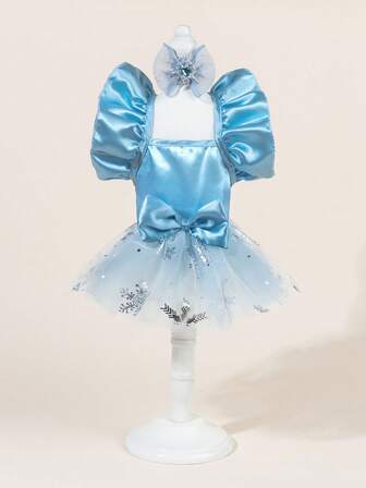 1 Set Pet Tulle Dress With Bow Tie, Cute Fashion Printed Dress + Bow Tie Pet Costume, Elastic Mesh Princess Pet Dress For Dogs & Cats