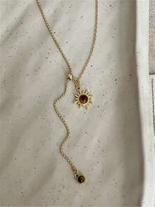 1pc Vintage Brown Stone Bead Pendant Necklace, Gold Plated Chain Layered Metal Necklace, Autumn/Winter Sweater Jewelry, Gift For Women - Multicolor - View 15