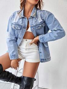 Plus Size Faux Pearl Decor Distressed Denim Jacket, Light Blue Loose Casual Ripped Denim Jacket, Suitable For Daily Street Style And Party Spring - Light Wash - View 7