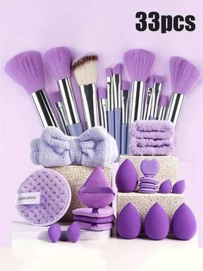 A Set Of 33 Makeup Brushes (With A Drawstring Storage Bag), Including Makeup Powder Puff, Makeup Sponge, Rouge Brush, Foundation Brush, Eyeshadow Brush, Contour Brush, Eye Brush, Soft Hair Brush, Rouge Brush, Professional Makeup Brush Set, Women's Makeup Brush Set, And Face Wash Makeup Brush Set,Brush Set,Makeup Brush Kit,Make Up Brush Set,Make Up Set Complete,Makeup Brush Set,Complete Makeup Kit,Brush Kit,Brushes Makeup Set,Makeup Gift Set,Set