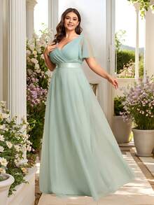 Plus Size Mesh Ruched Bodice High Waist Sage Green Bridesmaid Dresses Fall Wedding Guest Dresses For Dinner Party Birthday Dresses - Mint Green - View 2