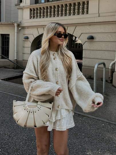 Senya Fall And Winter New Women's Round Neck Lantern Sleeve Front Button Knitted Cardigan, Loose Casual, Lazy, Daily Commuting, Afternoon Tea, Back To School, Graduation, Sweater Tops,Valentine's Day Women's Winter Sweaters,New Year