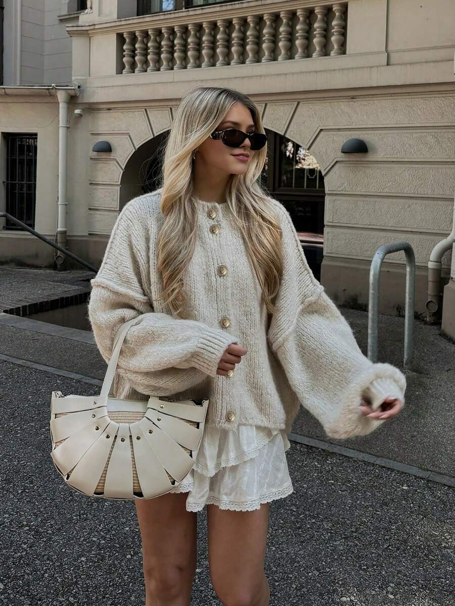 Senya Fall And Winter New Women's Round Neck Lantern Sleeve Front Button Knitted Cardigan, Loose Casual, Lazy, Daily Commuting, Afternoon Tea, Back To School, Graduation, Sweater Tops,Valentine's Day Women's Winter Sweaters,New Year