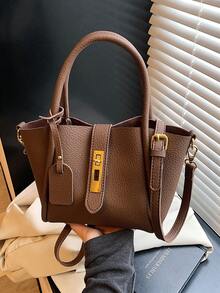 Bolso de cesta de moda para mujer, adecuado para salir, citas, ir al trabajo, puede contener cuaderno, cosméticos, billetera, teléfono, bolso de hombro con decoración de candado, estilo elegante para señoritas jóvenes