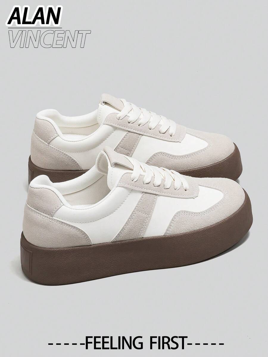 Alan Vincent 2025新款米白色女式休闲鞋，厚底运动鞋，女士日常百搭乐福鞋，舒适时尚，德军训练鞋 - 米色 - 查看 1