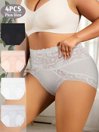 QUASTI 4 Pcs Plus Size Multi-Colored High-Waisted Lace-Patterned Full-Coverage Comfortable Skin-Friendly Briefs 1XL-5XL