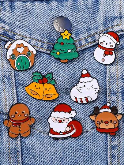 8pcs/Set Christmas Brooch Bells Snowman Clothing Accessories, Cartoon Badges For Halloween