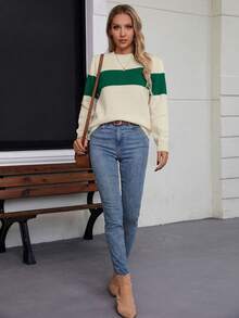 Suéter feminino listrado de malha com contraste de cores, uso diário, outono/inverno