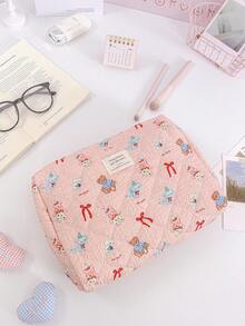 1 Piece Large Capacity Cosmetics Storage Bag Portable Travel Cosmetics Pouch Red Bow Pattern Makeup Bag Multi-Functional Make Up Bag Set Pink Travel Toiletry Bag For Girls Cute Cartoon Print Skincare Organizer Bag Foam Quilted Household Makeup Bag - Pink - View 9