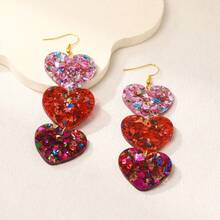 2-Piece Set Of Unique Exaggerated Mixed Color Sequin Heart Earrings, Unique Design, Multi-Color Patchwork