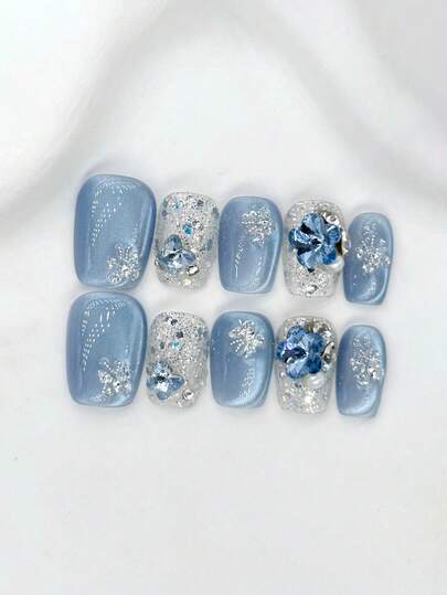 10片手工短方形蓝色Y2K风格优雅简约猫眼亮面美甲贴片，适合女性和女孩，适用于各种季节、节日、派对、假日和日常生活的美甲用品，手工美甲贴片