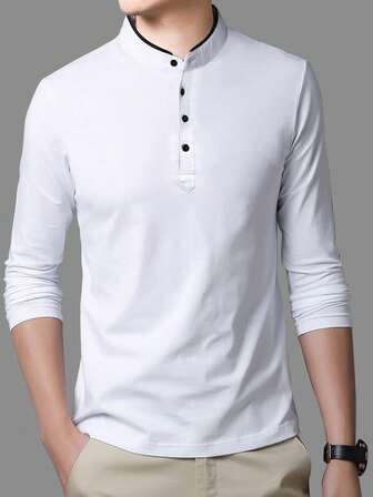 95%棉男士立领纽扣半开襟长袖POLO衫，秋季款