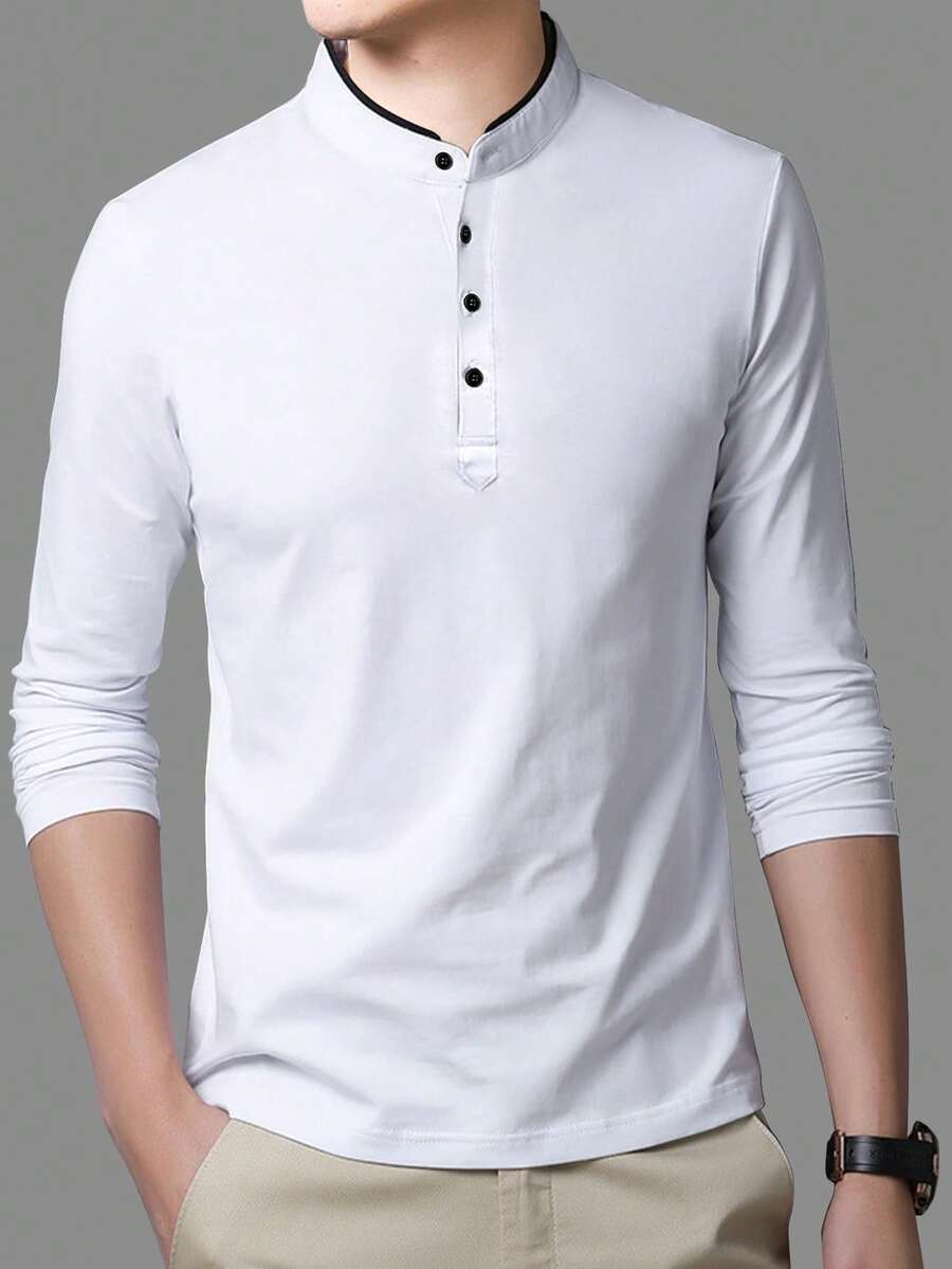 95% Cotton Men's Stand Collar Button-Up Long Sleeve Polo Shirt, Autumn - White - View 1