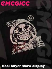 EMCGICC RICH & MONEY Series,Y2K Style, Laughing Little Girl....Double-Sided Printing Fashionable Cotton Men's T-Shirt, Multi-Color Optional, Surprise Gift For Friends And Family, Christmas Drop Shoulder Sleeves Round Neck - màu đen - Xem 2