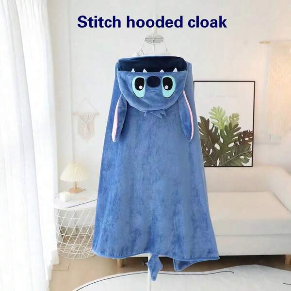 1pc Cartoon Cute Stitch Lazy Hooded Cloak Blanket, Hooded Bath Towel, Student Shawl Winter Thick Napping Cloak Office Air Conditioning Blanket, Essential For Home Use