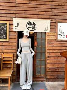 U领长袖修身性感极简主义T恤上衣，女士款，情人节，春夏款 - 淺灰色 - 查看 4