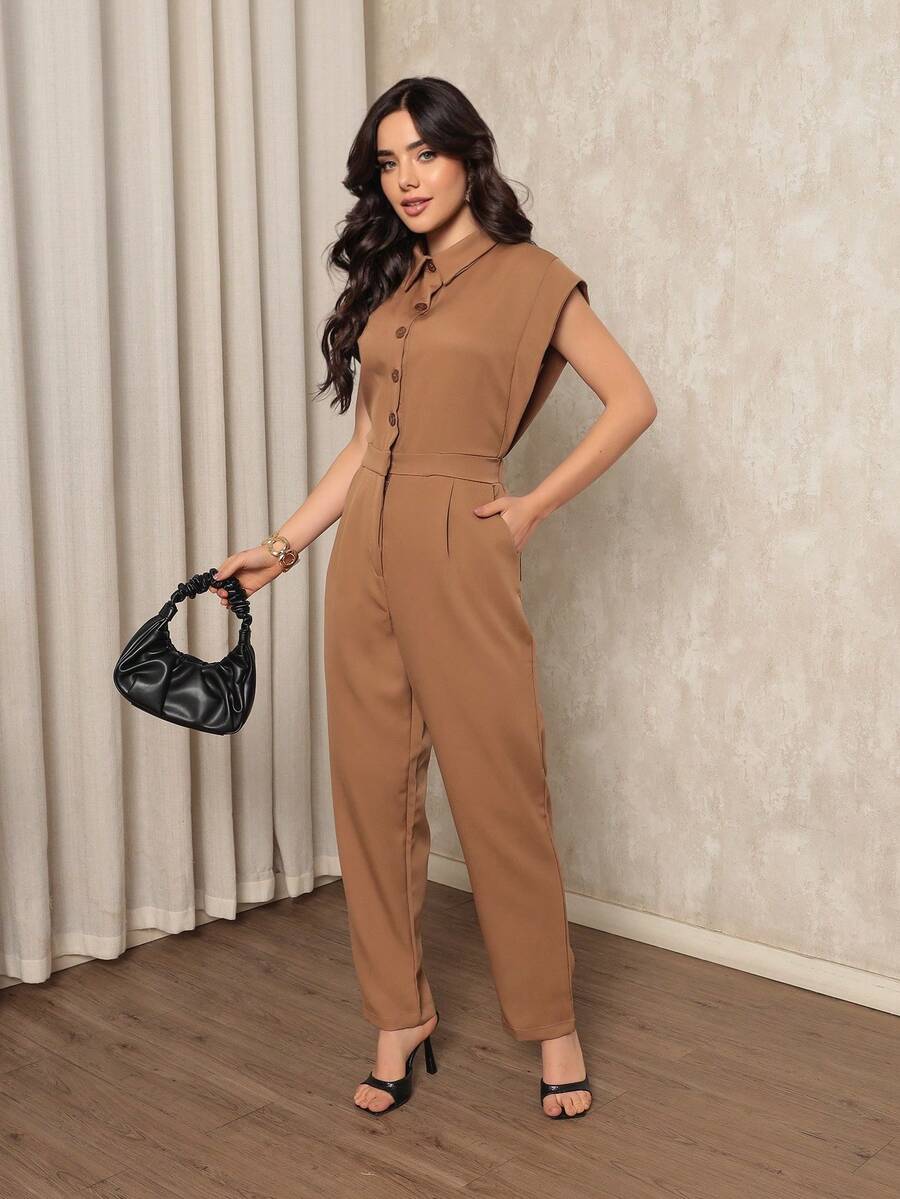 ALETHEIA - ELEGANT TAILORED JUMPSUIT FOR WOMEN WITH JAPANESE SLEEVES, TANK TOP WITH ELASTIC WAISTBAND AT THE BACK - 杏色 - 查看 1