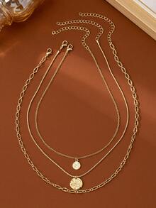3pcs Vintage Multilayer Engraved Chain Necklace, Elegant Geometric Pendant Necklace Set