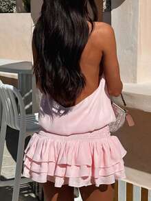 Women's Summer Mini Dress Plain Halter Neck Backless Layers Ruffle Hem Mini Dress A Line Going Out Dress - Hồng - Xem 8