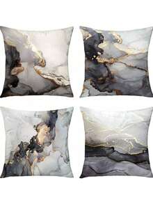 4 件大理石纹理、黑色和金色银色装饰枕套、奢华抽象流体艺术墨水、柔软枕套、沙发、客厅、方形靠垫套、单面、无枕头 - 黑灰色 - 查看 9