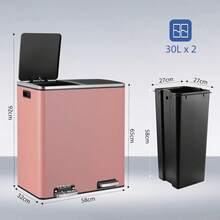 2 X 30L Kitchen Rubbish Bin, With 2 Compartments, Soft-Closing Metal Pedal Bin With Lid And Plastic Inner Bucket For Waste Separation, Rectangular - Orange - View 3